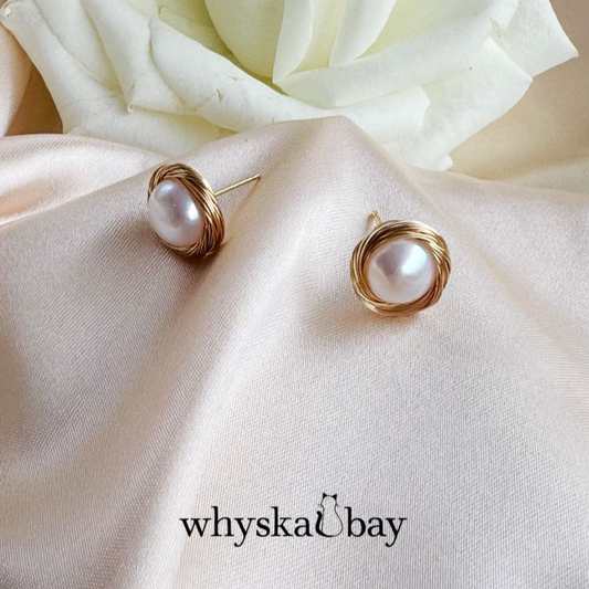 Gold Thread Wrapped Freshwater Pearl Studs: Perfect for Love & Elegance