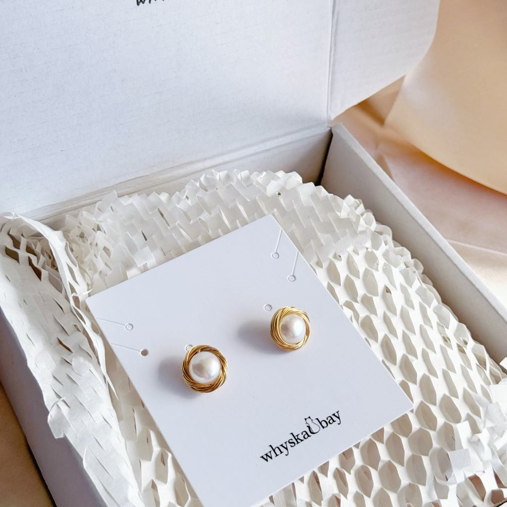 Gold Thread Wrapped Freshwater Pearl Studs: Perfect for Love & Elegance