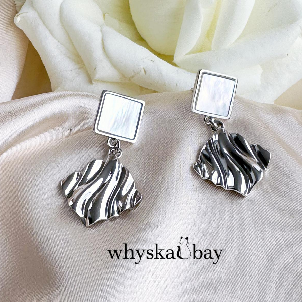 Stripped Square & Pearl Silver Earrings: 18K White Gold & Silver Gift