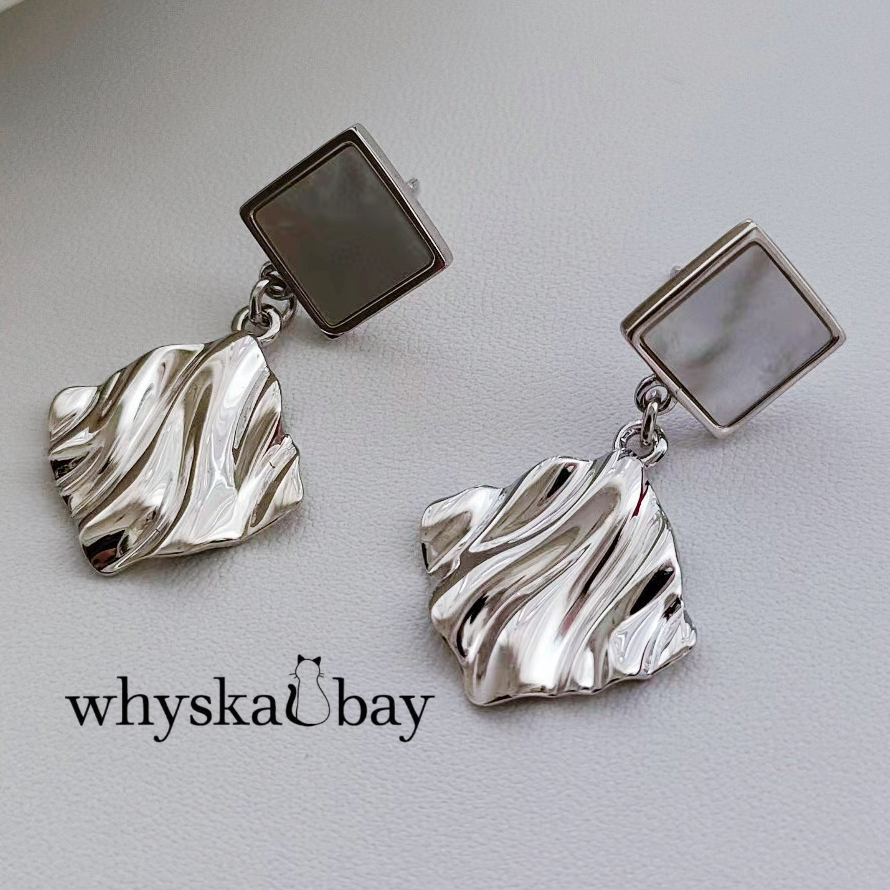 Stripped Square & Pearl Silver Earrings: 18K White Gold & Silver Gift