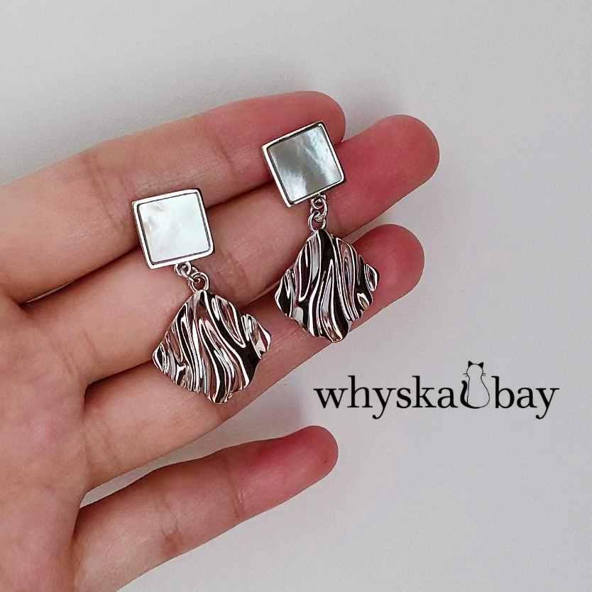 Stripped Square & Pearl Silver Earrings: 18K White Gold & Silver Gift