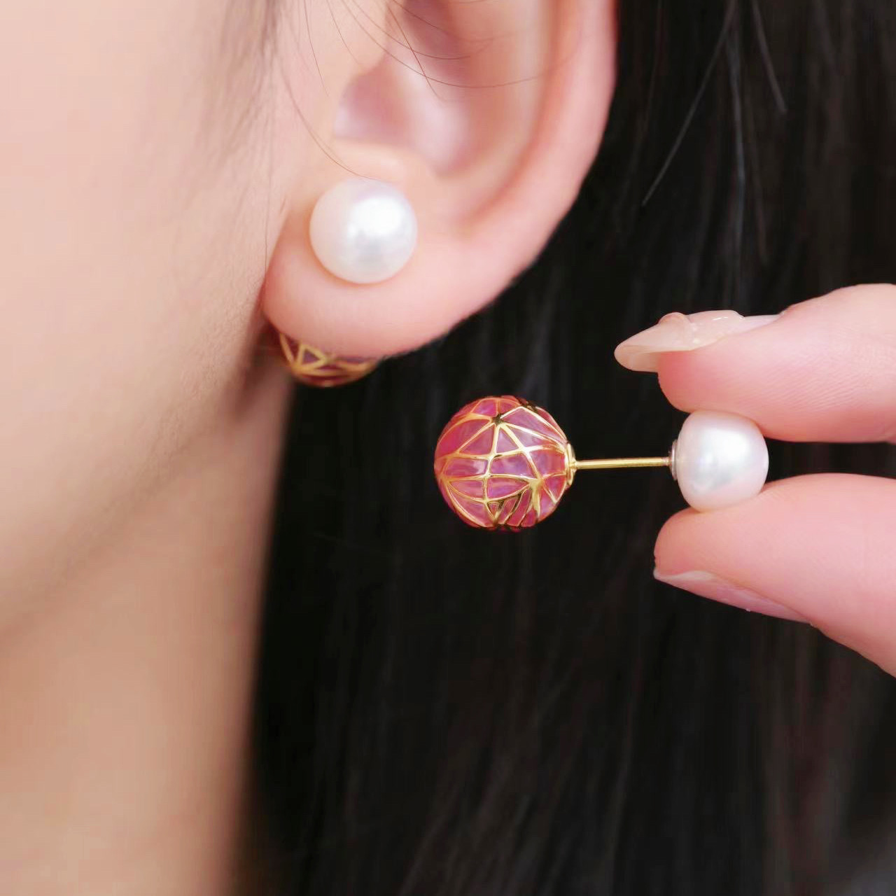 Purple, Blue Or Rainbow Dream Ball Stud Earring: Plique-à-Jour Enamel Earrings with Customizable Pearl or Standard Stud