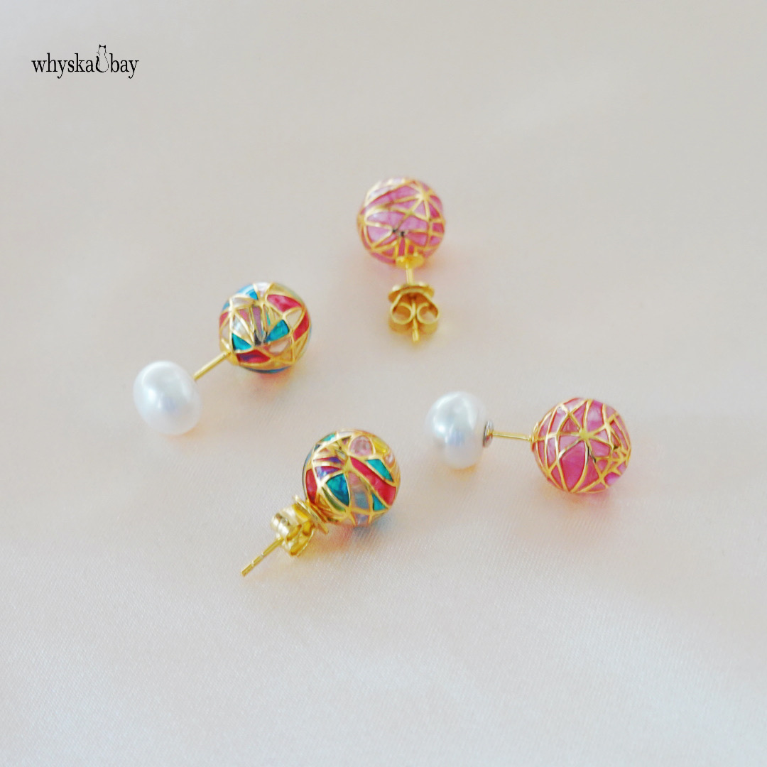 Purple, Blue Or Rainbow Dream Ball Stud Earring: Plique-à-Jour Enamel Earrings with Customizable Pearl or Standard Stud