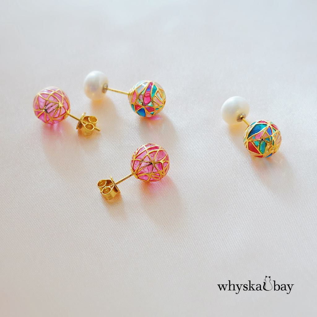 Purple, Blue Or Rainbow Dream Ball Stud Earring: Plique-à-Jour Enamel Earrings with Customizable Pearl or Standard Stud