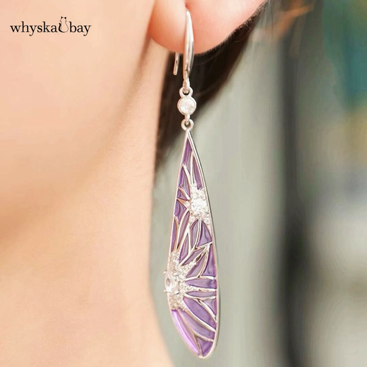 Purple Romance: Handcrafted 18K Gold & Silver Plique-à-Jour Enamel Earrings