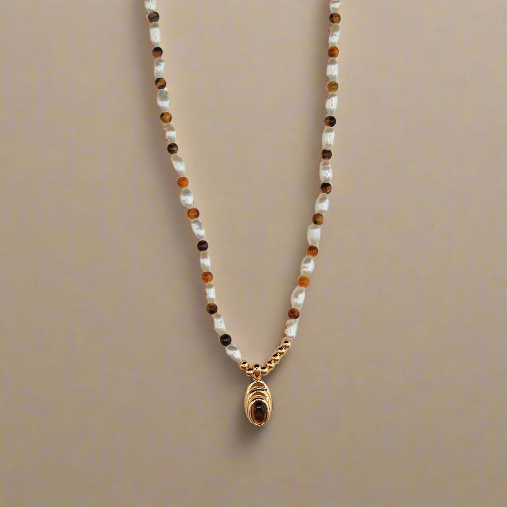 Elegant Pearl & Tiger’s Eye Gemstone Necklace: Perfect Gift for Her