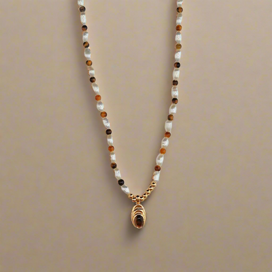 Elegant Pearl & Tiger’s Eye Gemstone Necklace: Perfect Gift for Her