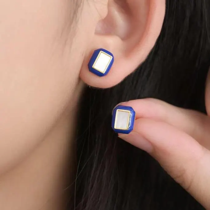 Klein Blue, Pink or Lavender Purple Ocean Stud Earrings: Handmade Luxury Enamel with Pearl Center