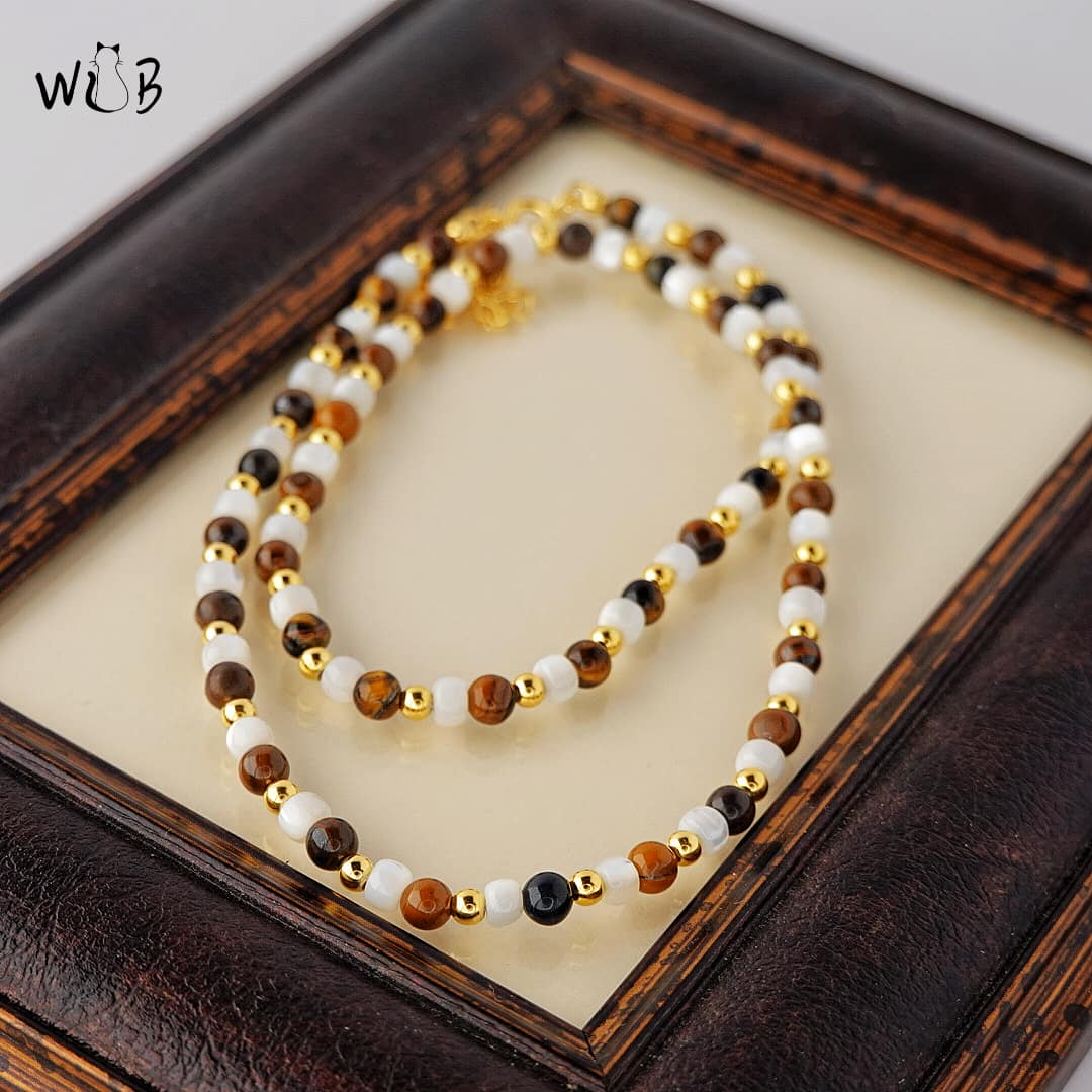 Pearl, Black Agate & Tiger Eye Gold Beaded Necklace/Choker: Layering Necklace