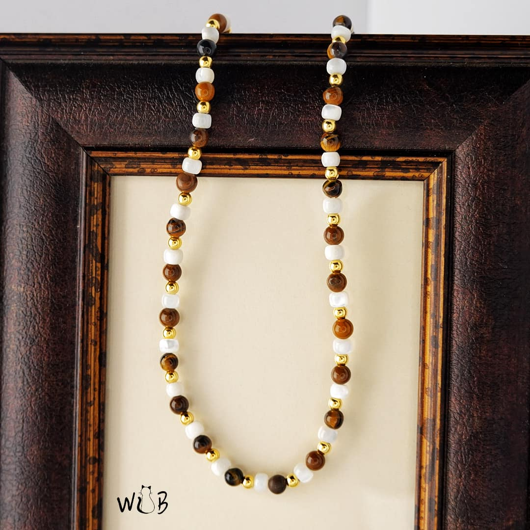 Pearl, Black Agate & Tiger Eye Gold Beaded Necklace/Choker: Layering Necklace