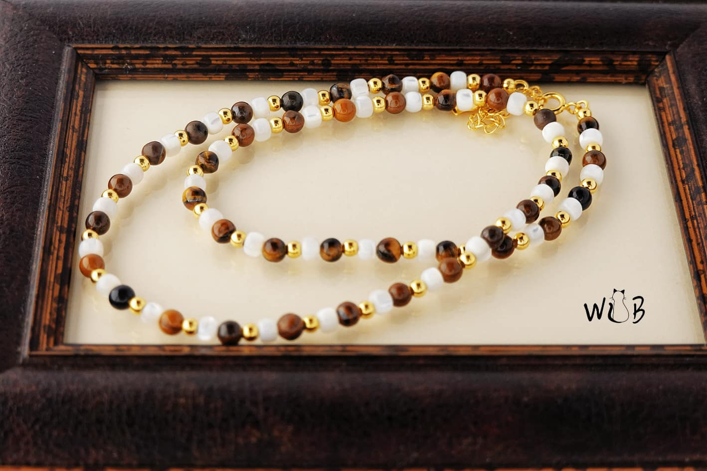 Pearl, Black Agate & Tiger Eye Gold Beaded Necklace/Choker: Layering Necklace