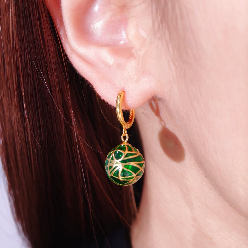 Green Ball Enamel Earrings: Art Nouveau Earrings