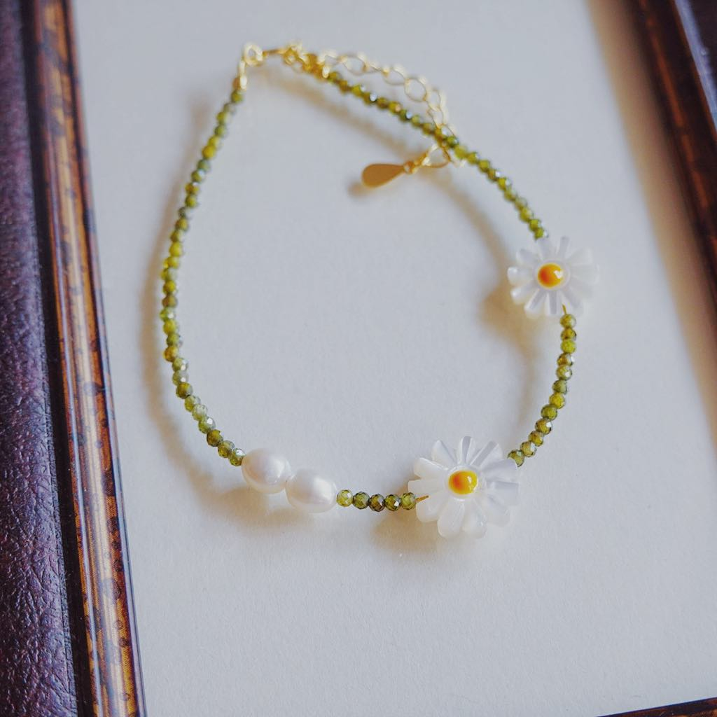 Tiny Pearl Green Gemstone Bracelet: Natural Gemstone Petite Bracelet