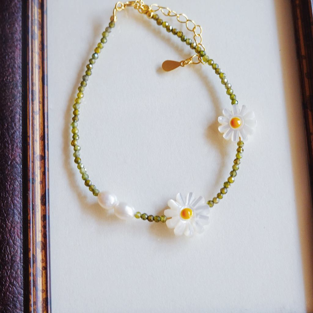 Tiny Pearl Green Gemstone Bracelet: Natural Gemstone Petite Bracelet